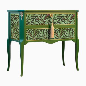Table de Chevet Style Gustavien avec Motif Floral Vert et Plateau en Marbre Peint