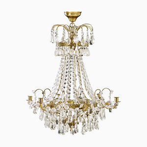 Antique Empire Six Arm Chandelier with Different Cut Crystals, 1900s