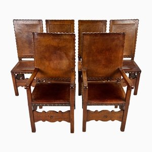 Antique Castle Dining Chairs in Oak and Leather, 1900s, Set of 6