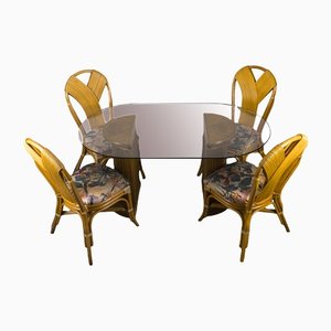 Tavolo da pranzo Mid-Century in vimini con sedie, anni '80, set di 5