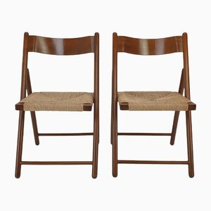 Italian Folding Chairs with Wicker, 1980s, Set of 2