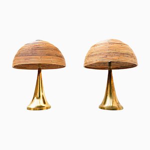 Lampade da tavolo moderne in ottone e bambù, Italia, set di 2