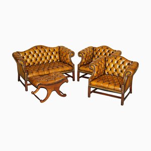 Set da biblioteca Chesterfield antico in pelle marrone, set di 4