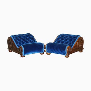 Antique Regency Victorian Blue Chesterfield Tufted Curved Footstools by Charles & Ray Eames, Set of 2