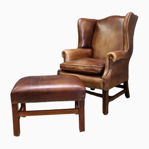 Chippendale Leather Chesterfield Armchair & Ottoman, Set of 2