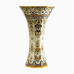 Large French Hand-Painted Faience Vase from Rouen, Early 20th Century
