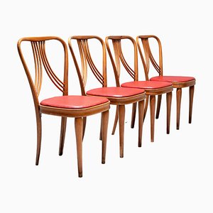 Dining Chairs in Blond Wood and Red Faux Leather, Italy, 1950s, Set of 4