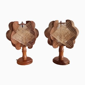 Mid-Century Frencg Wood Straw Wooden Bedside Table Lamps, 1960s, Set of 2
