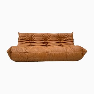 Vintage French Brown Leather Togo Sofa by Michel Ducaroy for Ligne Roset