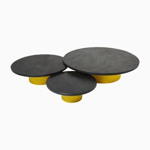Large Round Coffee Tables With Yellow Lacquer Slate Tops, 1970s, Set of 3
