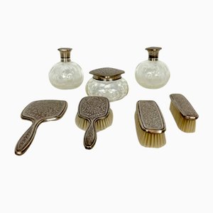 Mid-Century Italian Silver Plated and Blown Murano Glass Toilet Set, 1940s, Set of 7