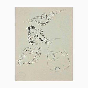 Lucien Coutaud, Oiseaux, Dessin Original, Milieu du 20ème Siècle