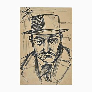 Georges Vernotte, retrato, dibujo a pluma original, años 50