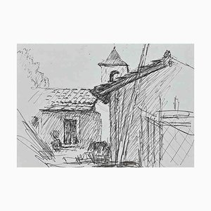 Lucien Coutaud, paisaje rural, dibujo a pluma, mediados del siglo XX