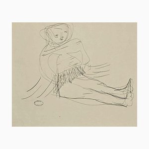 Lucien Coutaud, Child Doll, China Ink Drawing, Mid-20th Century