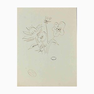 Lucien Coutaud, Flowers, China Ink Drawing, Mid-20th Century