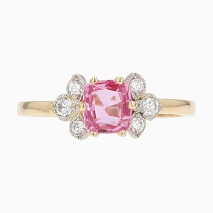 Modern French Pink Sapphire Diamonds & 18 Karat Yellow Gold Thin Ring