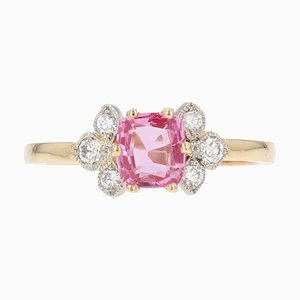 Moderner französischer Ring aus 18 Karat Gelbgold mit rosa Saphir und Diamanten