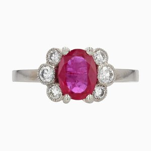 French Modern Ruby with Diamonds & Platinum Engagement Ring