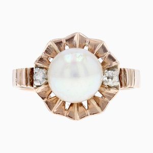 20th Century French Diamond Pearl 18 Karat Rose Gold Crown Ring