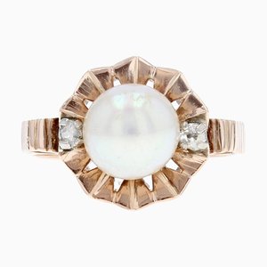 Französischer Kronenring aus 18 Karat Roségold mit Diamanten und Perlen, 20. Jh.