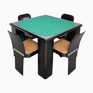 Italian Black Lacquered Wood Molinari Game Table and Chairs from Pozzi, 1970s, Set of 5