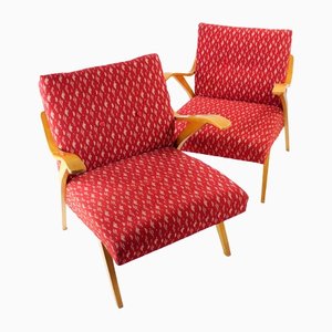Mid-Century Czechoslovakian Armchair in Original Red Fabric and Blonde Wood, 1960s
