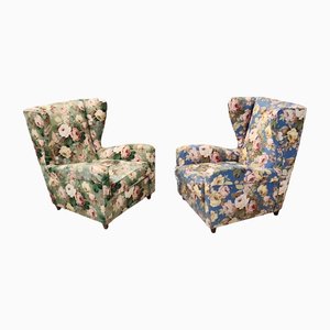 Vintage Floral Fabric Wingback Armchairs by Paolo Buffa, Italy, Set of 2