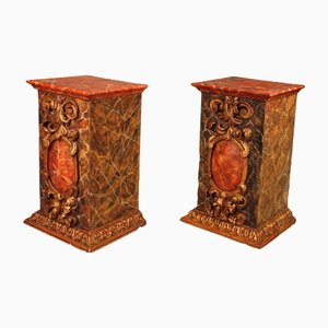 17th Century Gild Wood and Faux Marble Pedestals, Spain, Set of 2