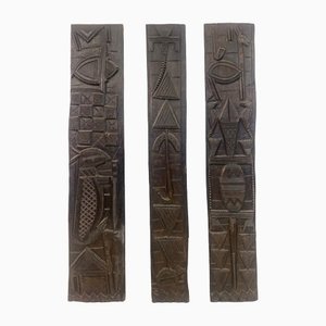 Placche da parete in legno africano intagliato, set di 3