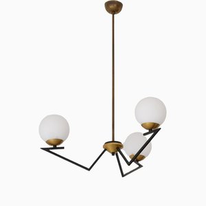 Mid-Century Modern Italian Hanging Lamp in Brass and Iron and Opaline Glass, 1950s