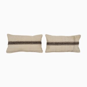 Turkish Anatolian Striped Hemp Kilim Pillow Cover, Set of 2
