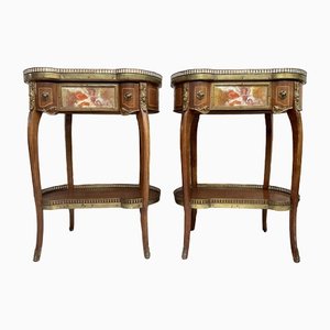 Kidney Shaped Bedside Tables in Carved Wood with Bronze and Marble Top, Set of 2