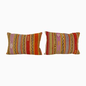 Vintage Turkish Striped Kilim Pillow Covers, Set of 2