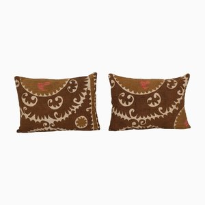 Uzbek Brown Suzani Cushion Covers, Set of 2