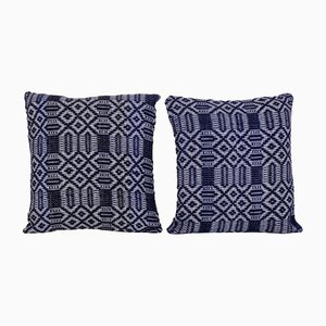 Geometric Blue Turkish Kilim Pillow Covers, Set of 2