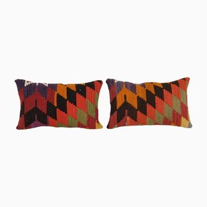 Rustic Anatolian Vintage Lumbar Kilim Cushion With Geometric Pattern, Set of 2