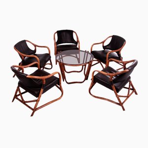 Vintage French Bamboo Lounge Set with Black Leather Seat, 1960s, Set of 6
