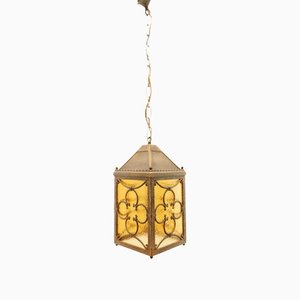 Brass Lantern Hanging Light in Amber Glass