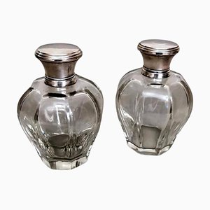 Art Deco Italian Crystal Toiletry Bottles and Silver Lid, Set of 2