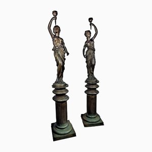 Large Sculptures of Women with Pedestals, Bronze, Set of 2