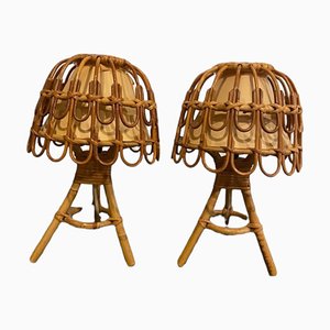 Mid-Century Table Lamps in Bamboo and Wicker, Set of 2