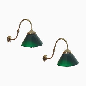 Mid-Century Wall Lamps in Enameled Brass with Green Glass Shade, Set of 2