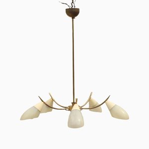 Mid-Century 5 Armed Brass and Glass Pendant Lamp