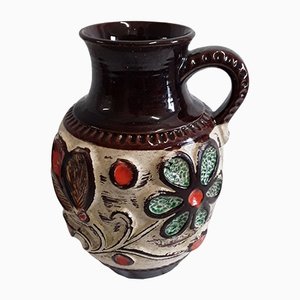 Vintage German Beige and Brown Ceramic Vase with Colored Flower Decor from Bay Keramik, 1990s