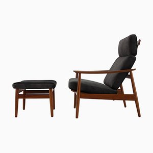 FD-164 Reclining Lounge Chair and Stool by Arne Vodder for France and Son, 1960s, Set of 2