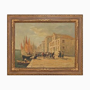 Luigi Pagan, View of the Port of Chioggia With Fishermen, Mid 20th-Century, Oil on Canvas, Framed