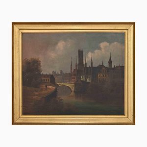 Sunset in Northern Europe City, Oil on Board, Late 19th-Century, Framed