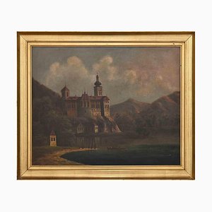 Castle View on a Lake, Oil on Board, Late 19th-Century, Framed