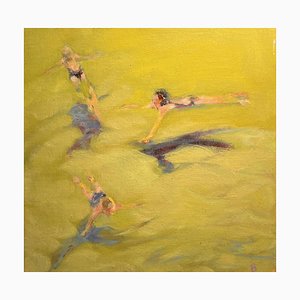 Birgitte Lykke Madsen, Tre nuotatori nella sabbia gialla, 2022, Olio su tela